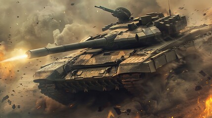 A tank in combat with its turret rotating and releasing a massive amount of fire. The scene depicts intense warfare and destruction. - obrazy, fototapety, plakaty