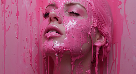 Abstract Woman's Face with Pink Dripping Paint