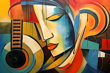 abstract colorful painting of a woman face with guitar on the background