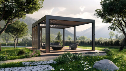 bioclimatic pergola, cloudy sky setting, grass around, with almost no elements around, front view, regular lamellas