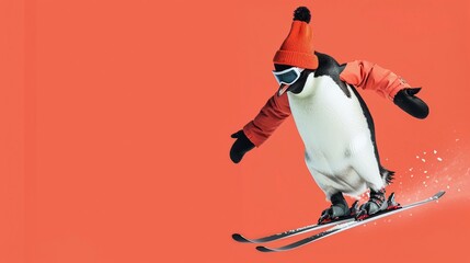 Sporty penguin in ski gear, zooming with skill on skis, set against a minimalist solid color backdrop to highlight motion and joy