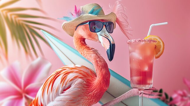 Stylish flamingo posing with a surfboard, wearing a sun hat and sunglasses, cocktail beside, all set against a soft pink background
