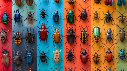 Symphony of insects a carefully arranged selection of ants, beetles, butterflies, and others, each on complementary colored backgrounds