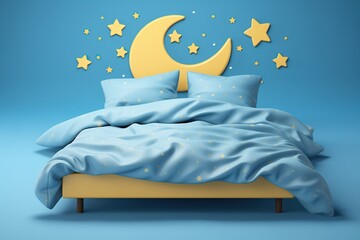 Cozy children bedroom interior with comfortable pastel bed and moon decorations on blue walls
