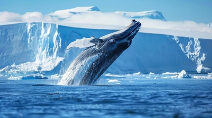 Fototapeta premium A humpback whale is seen breaching out of the water, showcasing its massive body mid-air before splashing back into the ocean.