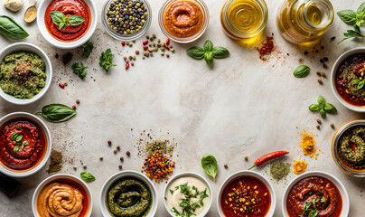 Vegan/ vegetarian sauces and spices in jars and bowls seen from above, healthy food top view wallpaper kitchen	 with copy space
