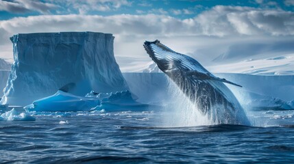 Fototapeta premium A dynamic shot capturing the moment a humpback whale breaches the surface of the water, showcasing its incredible power and grace as it jumps high into the air.