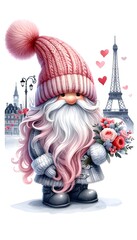 Gnome valentine flowers, gnome travel, romantic gnome, watercolor clipart JPG File.