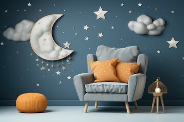 Cozy children bedroom interior with comfortable pastel bed and cloudy decorations on blue walls