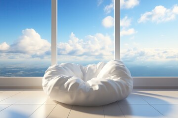 Cozy white cushion in the sunny living room with huge windows and sky view