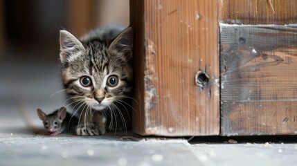 A close-up of two friends, a gray kitten and a small gray mouse explore the surroundings. The concept of friendship. 