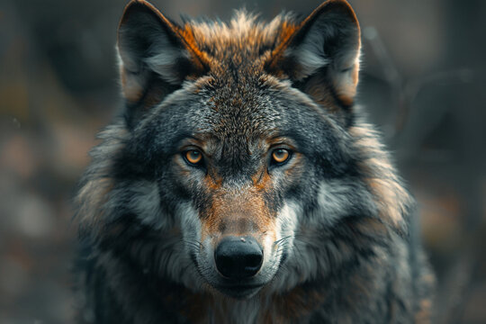 full body portrait of an angry endangered wolf in ultra-realistic style the hyper-detailed photo captures the wolf s intense gaze and realistic features. the blurred background adds depth