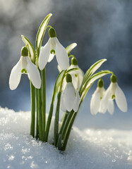 Beautiful snowdrop flowers in the snow on a bokeh background