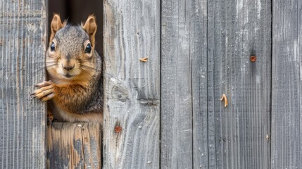 Close-up of a small squirrel posing on a wooden fence, a place for text.  - obrazy, fototapety, plakaty