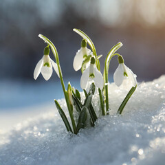 Beautiful snowdrop flowers in the snow on a bokeh background