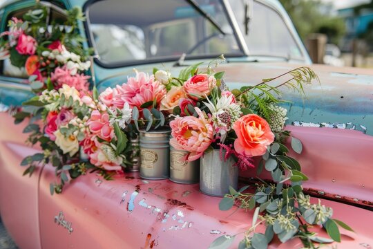 A stylish getaway car with tin cans and a floral wreath