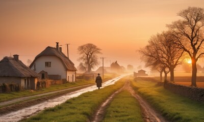 The first rays of dawn illuminate a country path, with a lone figure walking beside traditional thatched cottages. The serene atmosphere is accentuated by the soft morning light. AI generation