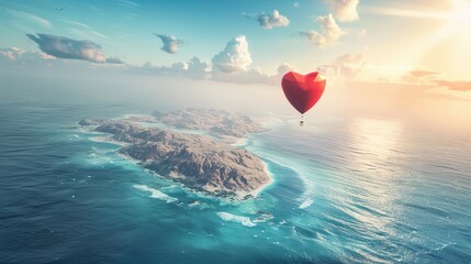 A heart-shaped balloon is seen soaring high above the vast expanse of the ocean. The balloon fills the frame, casting a whimsical silhouette against the clear blue sky and shimmering waters below. - Powered by Adobe