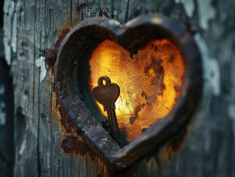 A scene with an old-fashioned keyhole with a heart-shaped opening symbolizing the key to ones heart