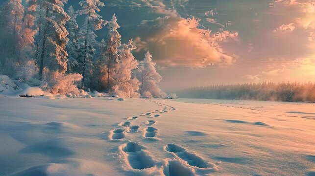 A snowy landscape with two sets of footprints converging into one path symbolizing companionship and shared journeys