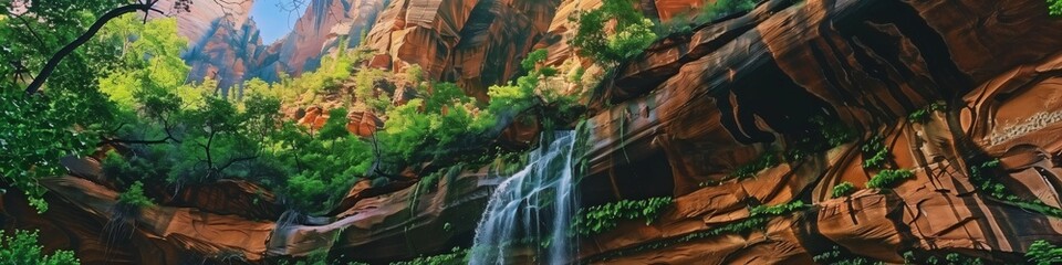 serene cascade flowing over red sandstone surrounded by spring foliage - Powered by Adobe