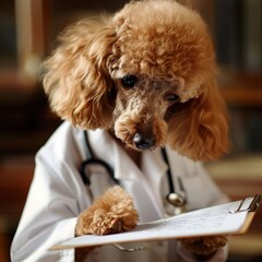 A Poodle in a doctors coat with a stethoscope around its neck