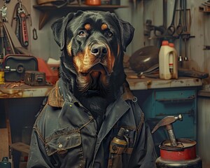 A Rottweiler in a mechanics jumpsuit with a wrench and oil can - obrazy, fototapety, plakaty