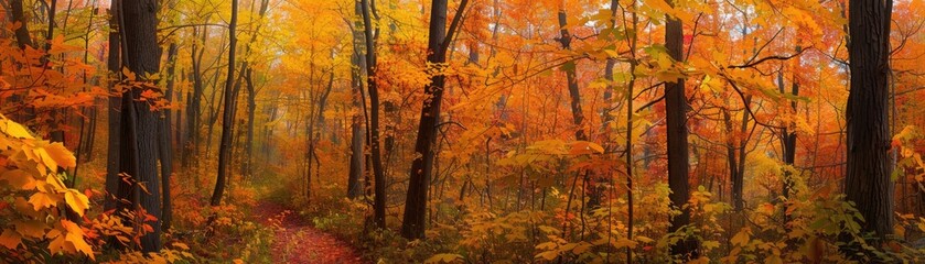 The vibrant fiery colors of autumn foliage in a tranquil forest