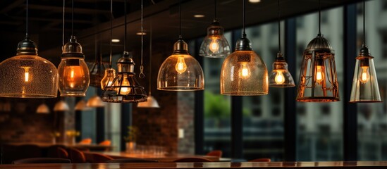 A cozy restaurant with an abundance of lights suspended from the ceiling, creating a warm and inviting ambiance - obrazy, fototapety, plakaty