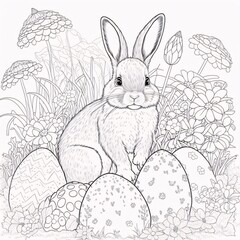 Easter bunny with eggs and flowers. Vector illustration for coloring book.
