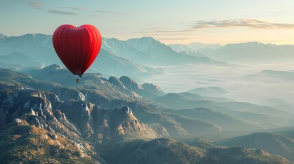 A hot air balloon in the shape of a heart is soaring high above a majestic mountain range. The colorful balloon stands out against the rugged terrain below, creating a stunning contrast in the sky.