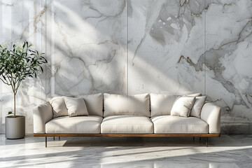 Minimalist living room interior design, white sofa against marble wall background
