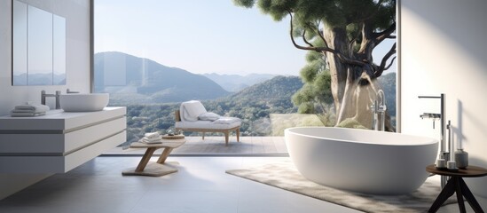 A modern bathroom with sleek fixtures and accessories, featuring a large tree visible through the window in the background - obrazy, fototapety, plakaty