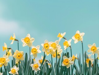 Fototapeta premium Spring image of white and yellow daffodils on blue sky background, muted colors. Retro style.