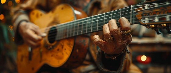 Close-up of a hand playing a guitar