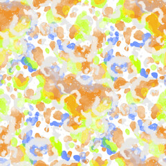 Fototapeta na wymiar Watercolor seamless pattern with beautiful bright abstract elements and leopard spots. Colorful animalistic texture for any kind of a design. Contemporary art. Trendy modern style. 