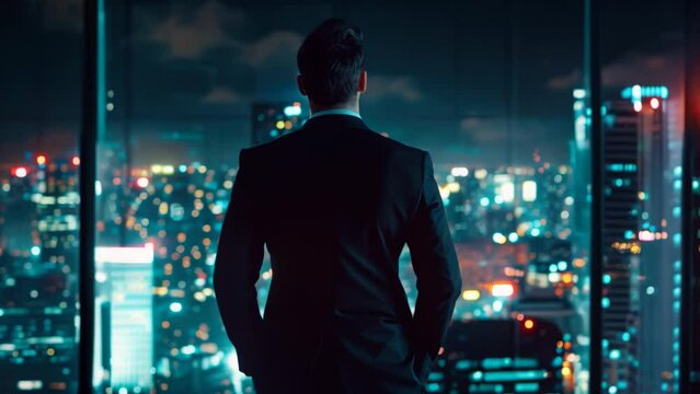 Visionary Executive: Contemplating the Cityscape. A confident businessman gazes out at the sprawling night lights of the city from the vantage of his office.