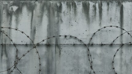 Barbed wire coils against a stained concrete wall, symbolizing restriction and security. - obrazy, fototapety, plakaty