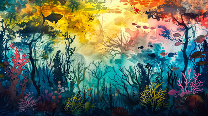 A watercolor scene of a traditional underwater amazon river, wit