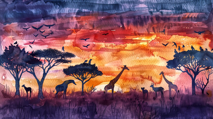 A watercolor scene of a traditional African savannah at sunrise,