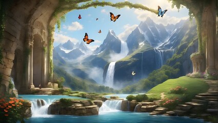 A painting of a butterfly in flight over a river with a waterfall and pink flowers. The background has large mountains and a blue sky with clouds