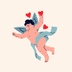 Naklejka premium Cupid or cherub with hearts. Cute flying character. Hand drawn trendy Vector illustration. Isolated design element. Valentine's Day, romantic holiday celebration concept. Logo, icon, print template