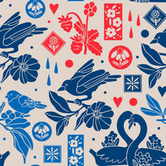 Various birds, flowers, leaves. Different clipart set, silhouette collection. Linocut style. Hand drawn Vector illustration. Square seamless Pattern. Background, wallpaper - 764789367
