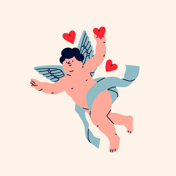 Cupid or cherub with hearts. Cute flying character. Hand drawn trendy Vector illustration. Isolated design element. Valentine's Day, romantic holiday celebration concept. Logo, icon, print template
