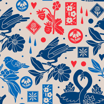 Various birds, flowers, leaves. Different clipart set, silhouette collection. Linocut style. Hand drawn Vector illustration. Square seamless Pattern. Background, wallpaper