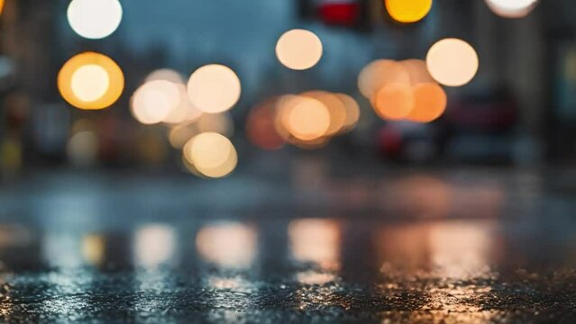 Soft focus on wet asphalt with blurry city lights and cars in the rain 
