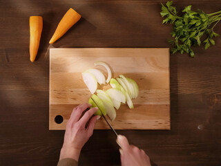 Slicing onions on a cutting board, carrots and herbs on table.