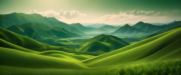 Obraz premium Abstract green landscape wallpaper background illustration design with hills and mountains, generative ai, generative, ai