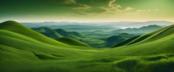 Abstract green landscape wallpaper background illustration design with hills and mountains, generative ai, generative, ai