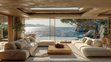 interior of a modern living room in beige tones with a panoramic window and ocean views